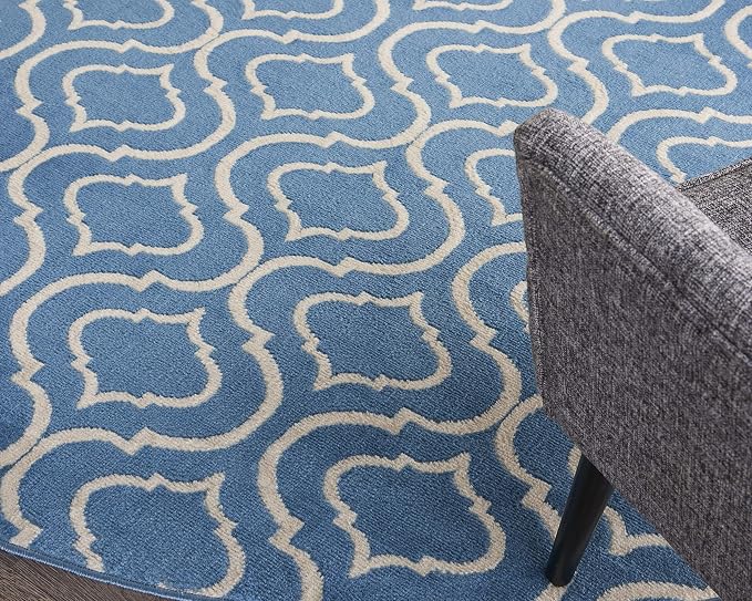 Nourison Home Jubilant Trellis Blue 8' x Round Area -Rug, Easy -Cleaning, Non Shedding, Bed Room, Living Room, Dining Room, Kitchen (8 Round)