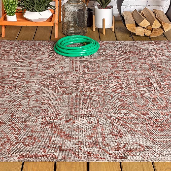 JONATHAN Y Boho Medallion Indoor Outdoor Area Rug 4X6 Red/Taupe, Estrella Textured Weave for Backyard, Patio, Porch, Easy-Cleaning, High Traffic, Pet-Friendly, Non-Shedding (SMB105A-4)