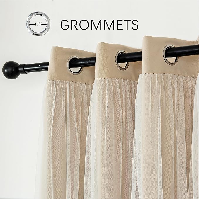 INLINAS Beige Blackout Curtains with Sheer Overlay - Grommet Top Thermal and Noise Reduction Panels for Bedroom and Living Room Light Blocking and Energy Saving, 52 x 96 Inches, Set of 2