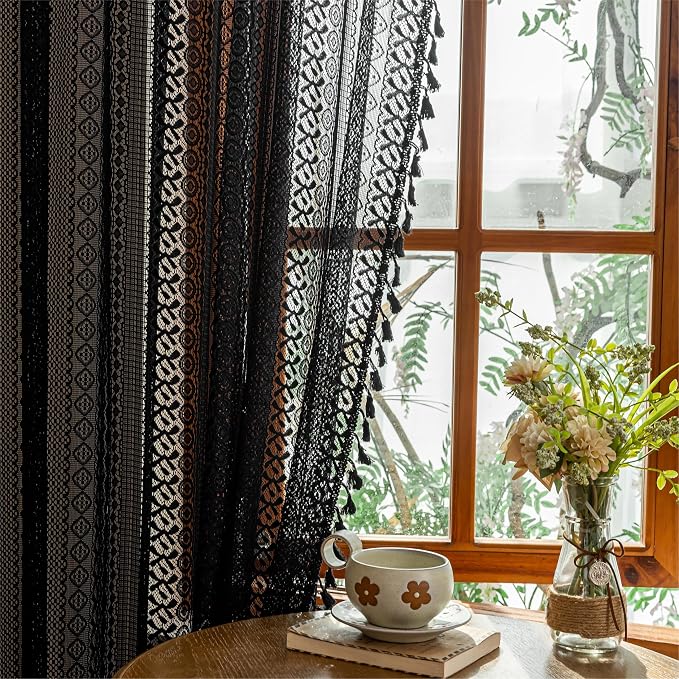 Sutuo Home Lace Boho Curtains 2 Panels for Kitchen Nursery, Semi Sheer Curtains Crochet Vintage Chic Tassels Bohemian Rustic Long Strips Privacy Window Treatments Geometry Rod Pocket, 50" x 63" Black