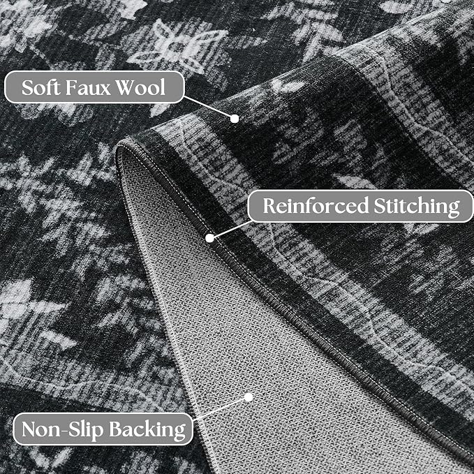 3x5 Black and White Floral Area Rug Ultra Soft Washable Modern Farmhouse Floral Entryway Rug Non-Slip Black Grey and White Vintage Boho Carpet for Dorms, Bedroom, Office, Dining Room Door Mat