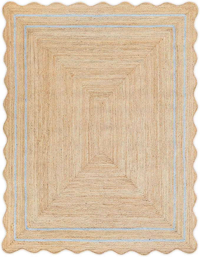 Wave Scalloped Natural Jute Runner, Gray (6'x9'): Boho Farmhouse Entryway Scallop Rug