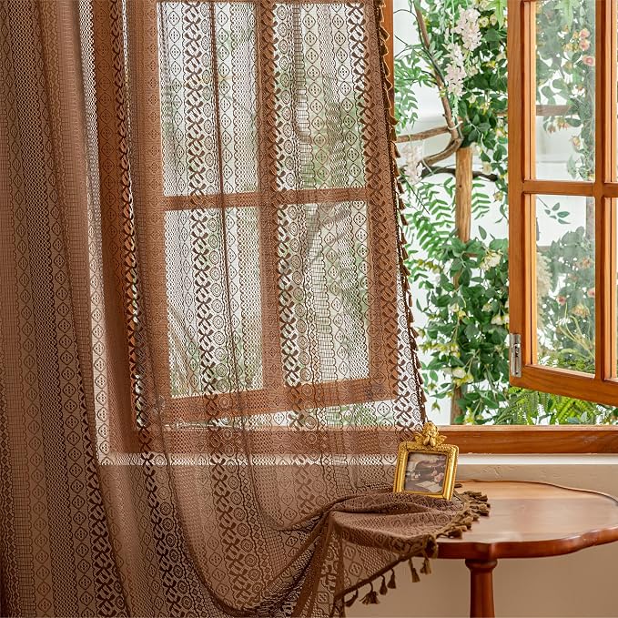 Sutuo Home Dark Coffee Boho Lace Curtains, Sheer Curtains 102 inches Long for Living Room Bedroom Light Filtering Caramel Privacy Vintage Tassels Bohemian Window Treatments Rod Pocket, 2 Panels 50" W