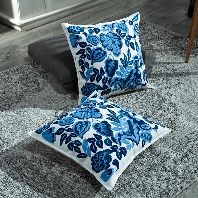 My Whimsical Corner Ombre Blue Boho Decorative Throw Pillow Cover 18x18 Set of 2 Modern Pillow Case Square Embroidered Pillows for Couch Bed Gift for, Easter, Mother's Day