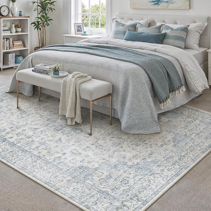 PureCozy 8x10 Area Rug Washable Neutral Blue Vintage Floral | Non Slip, Soft Low Pile, Indoor Carpet for Living Room, Bedroom, Dining Room, Coastal Decor