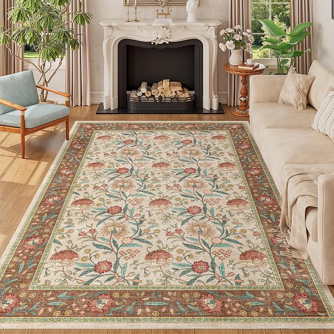 DUKINO 5x7 Area Rugs, Vintage Floral Washable Rug for Living Room, Brown | Non Slip, Low Pile, Non-Shedding, Stain Resistant Lightweight Boho Soft Carpet for Bedroom Home Office Dining Room Farmhouse