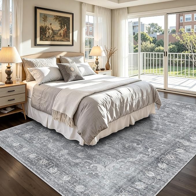 8x10 Area Rugs for Living Room, Vintage Boho Carpet for Bedroom, Gray | TTelephant Washable Low Pile Indoor Area Rug for Dining Room with Non-Slip Silicone Backing, Stain Resistant