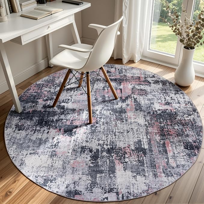 Sasttie 5ft Soft Round Area Rug, Modern Abstract Washable Circle Carpet for Living Room, Bedroom, Dining Room Table, with Non-Slip Backing, Black and Pink