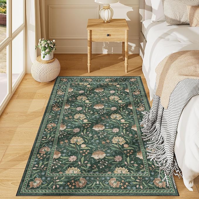 DUKINO 3x5 Rug, Washable Vintage Floral Bedroom Area Rug Non Slip, Green | Low Pile, Non-Shedding, Stain Resistant Boho Lightweight Soft Indoor Carpet for Bathroom Office Dining Living Room Farmhouse