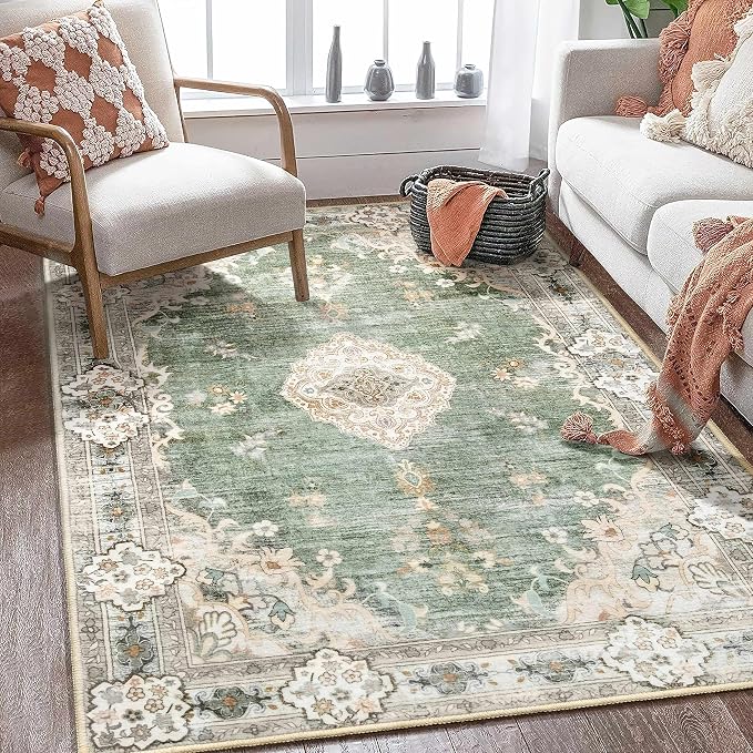 MUJOO Green Rug 4'x6.5' Area Rugs Boho Washable Non Slip Low-Pile Floral | Machine Washable Throw Carpet for Bedroom Living Room Office Entryway Small Soft Floor Indoor Flowers Sage Green