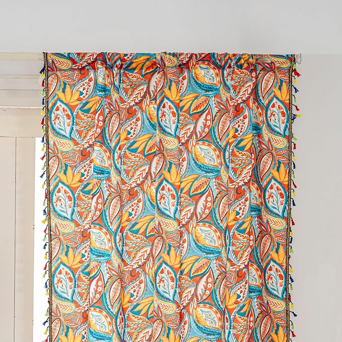 Boho Paisley Curtains 102 Inches Long, Orange Blue Light Filtering Rod Pocket Drapes with Tassel Trim for Bedroom Living Room, 2 Panels