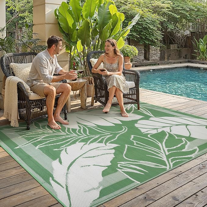 HUGEAR 6'x9' Outdoor Rug Waterproof Plastic Straw Rugs Green Reversible Olive Leaf Mat Floor Carpet for Camping RV Deck Entryance Porch Picnic Balcony Beach Backyard