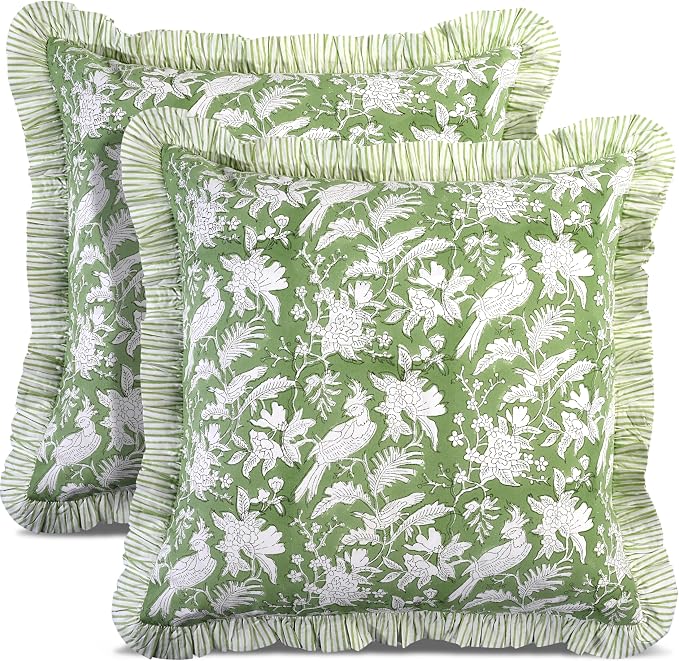 CPC Olive Green Ruffle Throw Pillow Covers for Couch, 24x24 Inch Cotton Stripe Ruffle Couch Pillows for Living Room, Hidden 20 Inch Zipper Boho Pillow Case or Cute Outdoor Pillows