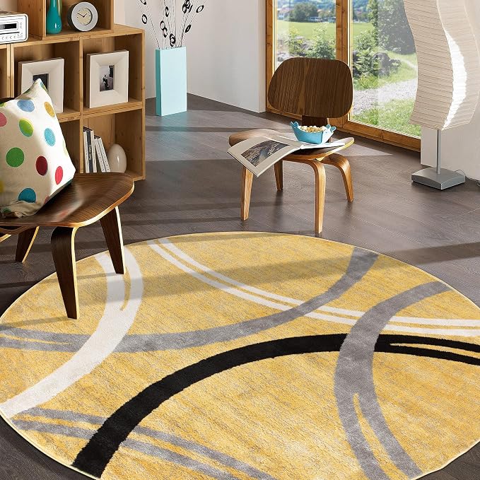 Rugshop Wavy Circles Fade-Resistant Living Room Round Rug Yellow 6'6"