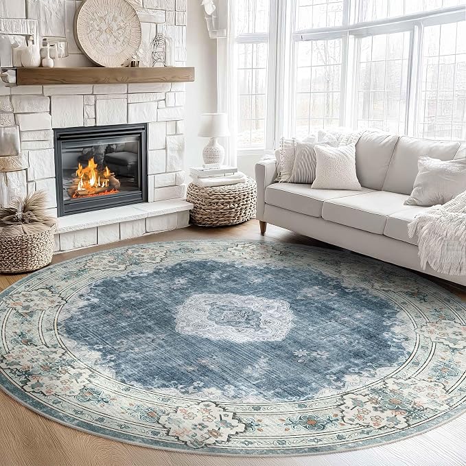 MUJOO Blue Round Rug 9ft,Circle Washable Area Rug Non Slip Low-Pile Floral | Large Circular Rugs for Living Room Bedroom Dining Room Boho Throw Carpet Soft Floor Indoor Vintage Flowers Blue and Grey