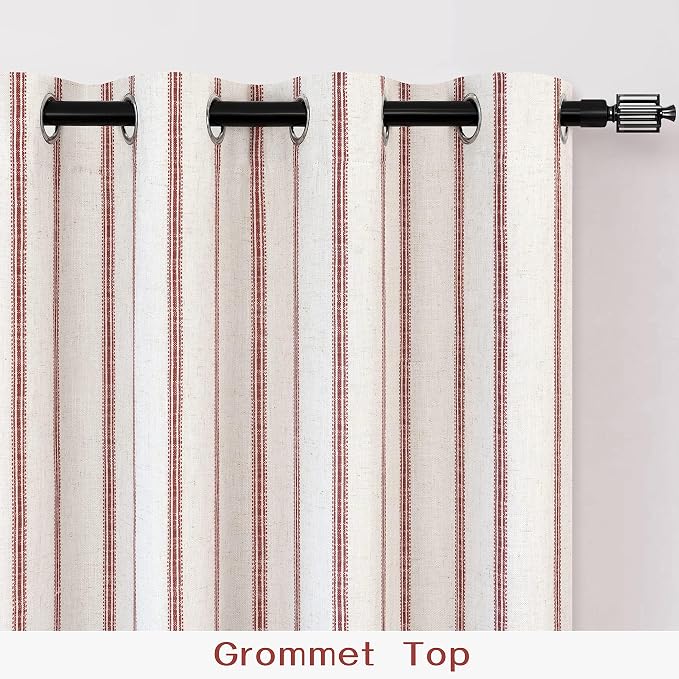 DriftAway Farmhouse Linen Stripe Blackout Curtains, W52xL90, Red | Blackout, Linen Texture, Stripe Pattern, Rod Pocket & Back Tab, Two Layers, Bedroom Living Room Use, Sound Reducing Design