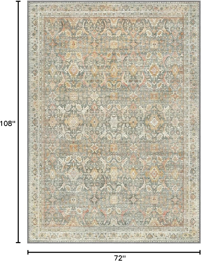 BESBLEE 6X9 Area Rugs Machine Washable Rugs for Living Room, Vintage Boho Large Rugs for Bedroom Dining Room, Non Slip Indoor Soft Distressed Lightweight Thin Low Pile Carpet, Turmeric