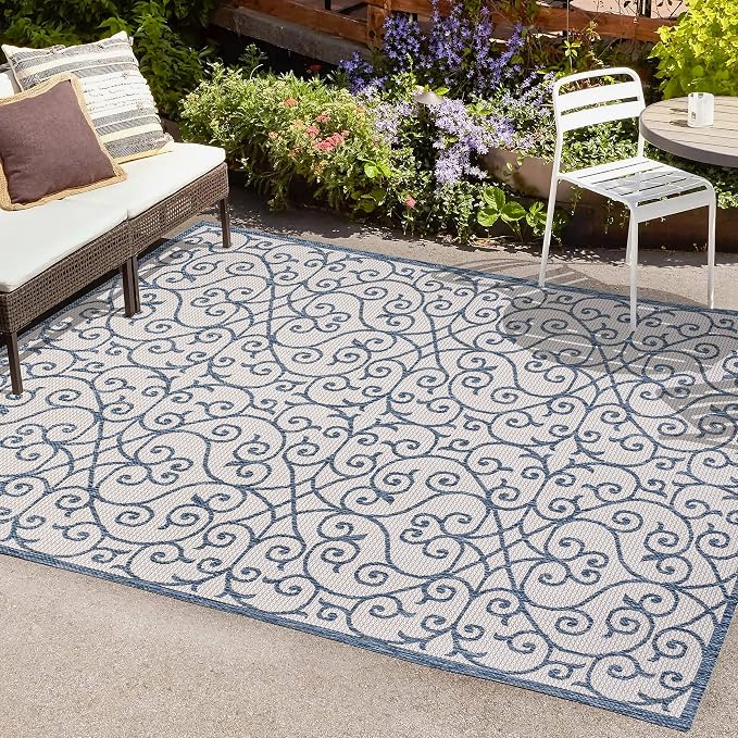 JONATHAN Y Vintage Filigree Indoor Outdoor Area Rug 3X5 Blue/Cream, Madrid Textured Weave for Backyard, Patio, Porch, Easy-Cleaning, High Traffic, Pet-Friendly, Non-Shedding (SMB107F-3)
