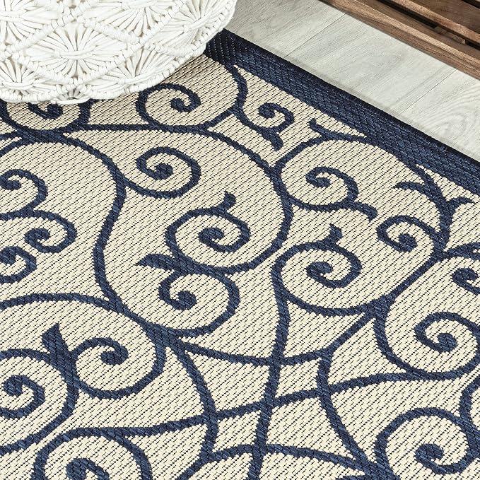 JONATHAN Y Vintage Filigree Indoor Outdoor Square Area Rug 5X5 Navy/Beige, Madrid Textured Weave for Backyard, Patio, Porch, Easy-Cleaning, High Traffic, Pet-Friendly, Non-Shedding (SMB107G-5SQ)