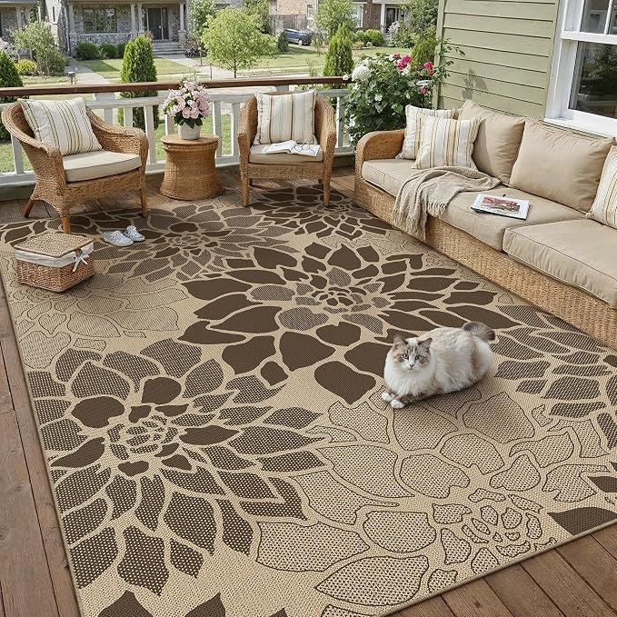PureCozy 5x8 Easy Jute Outdoor Rug Brown Floral Textured Indoor Outdoor Area Rug Farmhouse Patio Carpet for Backyard, Patio, Porch, Easy-Cleaning, High Traffic, Pet-Friendly, Non-Shedding