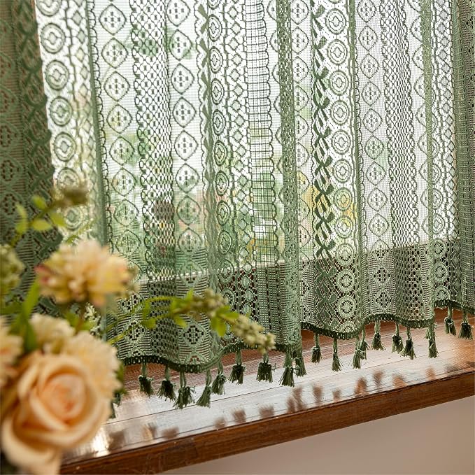 Sutuo Home Boho Closet Curtains for Kitchen Window Over Sink, French Country Lace Sheer Privacy Vintage Chic Tassels Cottage Bohemian Style Rustic Rod Pocket Decor, 50" x 36" Olive Green 2 Panels