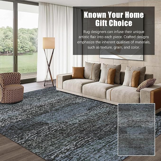 RUGSURE Washable Area Rug - 1/6 Thick - Stain & Water Resistant Non-Slip - Resistant Rug for Living Room, Bedroom, Nursery, Pet & Child Friendly, Vintage Charm Area Rugs (Darkgrey+Bule, 9' x 12')