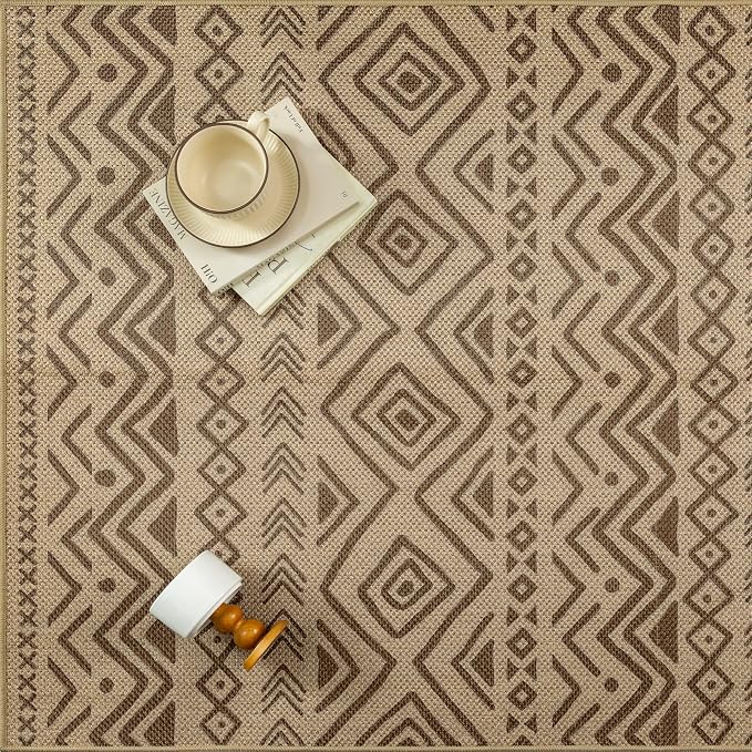 PureCozy 5x8 Easy Jute Outdoor Rug Brown Boho Indoor Outdoor Area Rug Farmhouse Patio Carpet for Backyard, Patio, Porch, Living Room， Easy-Cleaning, High Traffic, Pet-Friendly, Non-Shedding