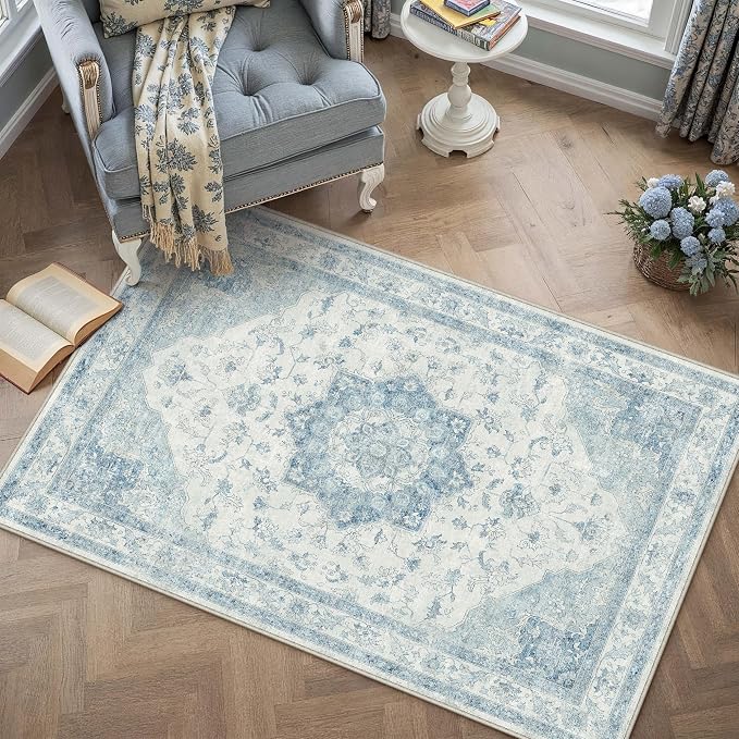 PureCozy Blue Area Rug 4x6 Washable Vintage Carpet for Office Living Room Soft Retro Low Pile Thin Indoor Rug Non Slip Oriental Medallion Floor Cover for Bedroom Kitchen Dining Room