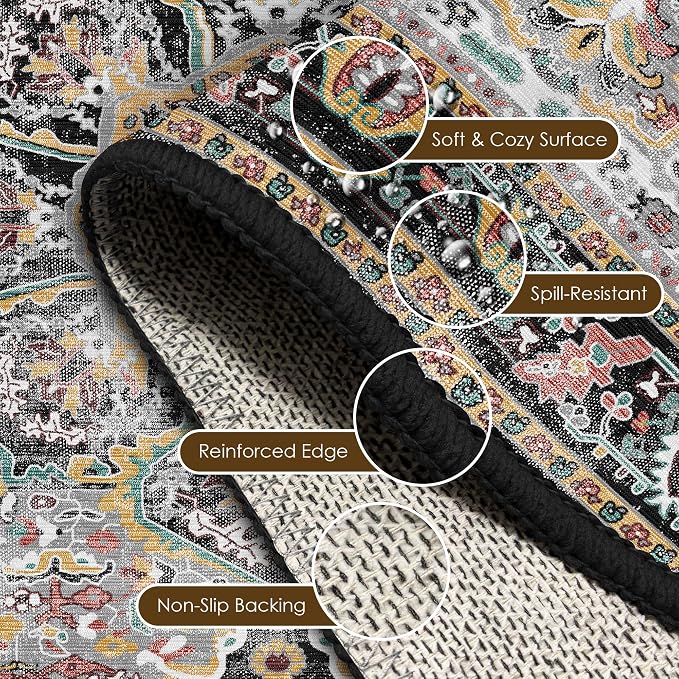 Washable Area Rug 4' x 6' Vintage Traditional Persian Mat - Foldable Distressed Non-Slip Machine Washable Carpet for Living Room Bedroom Kitchen Home Decor - Slate and Multicolor