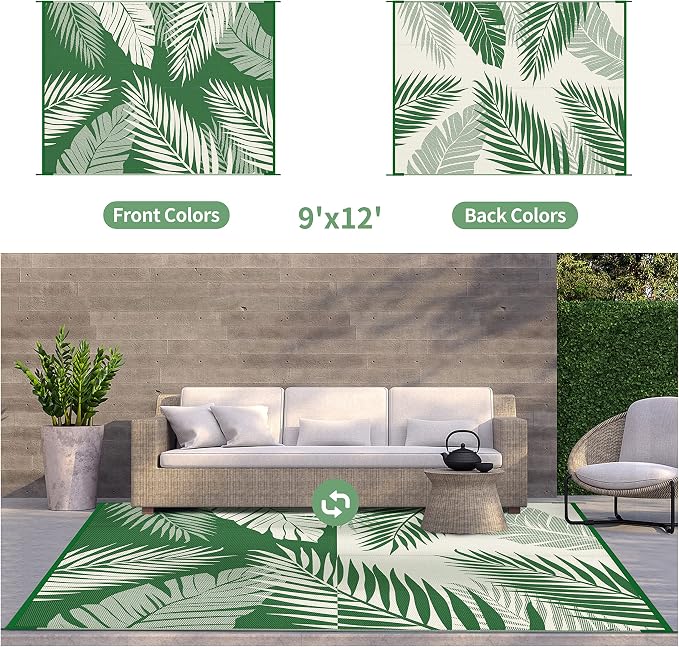 GENIMO Outdoor Rug, Waterproof Plastic Rugs for Patio, 9'x12' Dark Green | Outside Larger Leaf Carpet Mat for Porch Decor, Deck, Balcony, Camping, RV, Backyard, Picnic, Beach, Reversible, Foldable