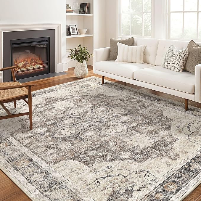 Area Rug for Living Room - 10X12 Soft Washable Vintage Floral Distressed Large Carpet - Fade Stain Resistant Non Slip Rugs for Bedroom Dining Room Nursery Dorm Office Home Decor - Dark Brown