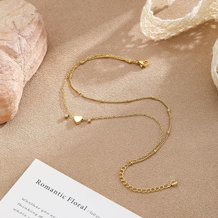 Ankle Bracelets for Women 14K Gold/Silver Plated Cross Heart Bead Anklet Waterproof Adjustable Chain Non Tarnish Cute Boho Trendy Dainty Summer Beach Foot Jewelry Gift for Her