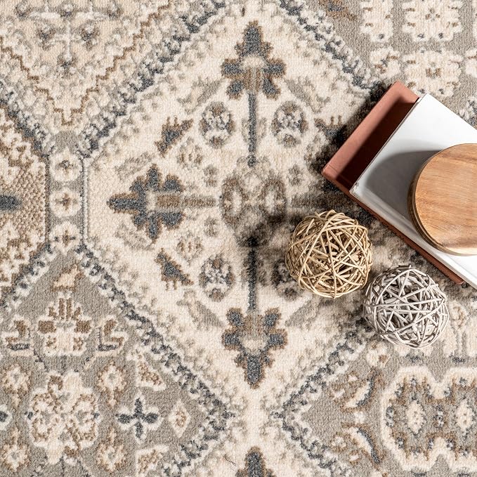 Nuloom Becca Taupe/Ivory, 2'6" x 12', Traditional Tiled, Soft and Cozy, High Traffic, Stain Resistant, Easy Clean, Durable Runner for Bedroom, Living Room, Dining Space, Den, Foyer, Entryway
