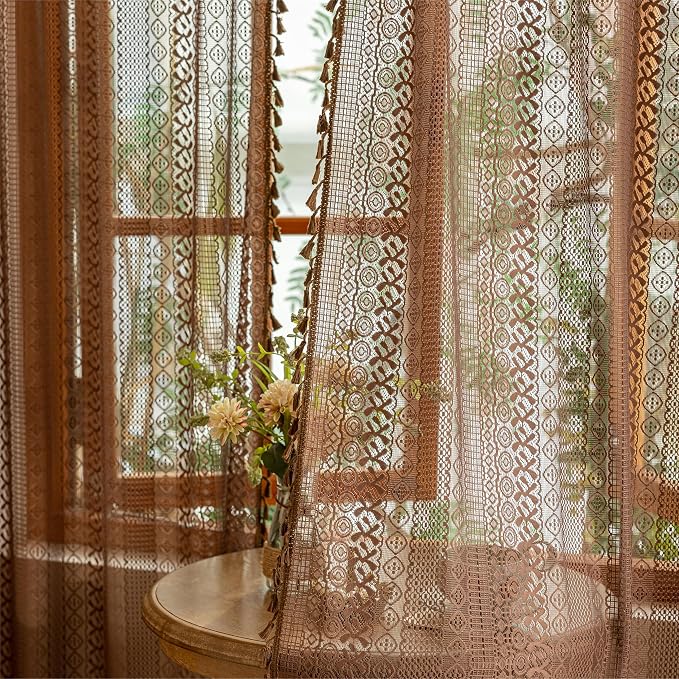 Sutuo Home Boho Lace Curtains 2 Panels Set for Living Room Bedroom,Semi Sheer Window Curtains Drape Privacy Country Vintage Tassels Victorian Style Taupe Rustic Rod Pocket Decor, 50" x 96" Dark Coffee