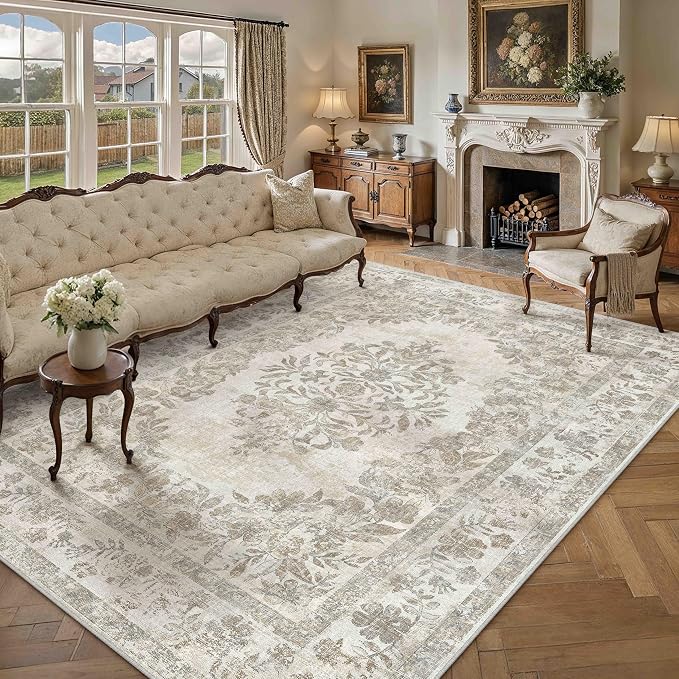 PureCozy 10x12 Area Rug Beige Washable Vintage Distressed Living Room Carpet Large Bedroom Indoor Medallion Floral Non Slip Retro Throw Floor Mat for Office Dining Room Kitchen Bathroom