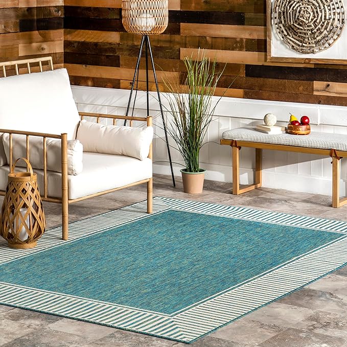 Nuloom Asha Teal/Ivory, 6'7" x 9', Casual, Striped Border, Soft and Cozy, High Traffic, Easy Clean, Durable Area Rug for Indoor/Outdoor Patio, Deck, Porch, Garden, Courtyard