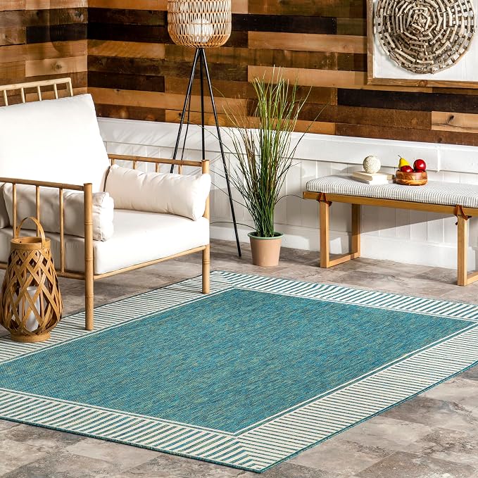 Nuloom Asha Teal/Ivory, 9'6" x 12', Casual, Striped Border, Soft and Cozy, High Traffic, Easy Clean, Durable Area Rug for Indoor/Outdoor Patio, Deck, Porch, Garden, Courtyard