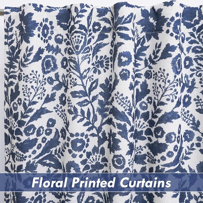DriftAway Julia 100% Blackout Curtains Back Tab 2 Panels, W52xL96, Navy | Floral Curtains, Bedroom, Living Room, Linen Blend, Watercolor Pattern, 2 Layers, Thermal Insulated, Window Treatment