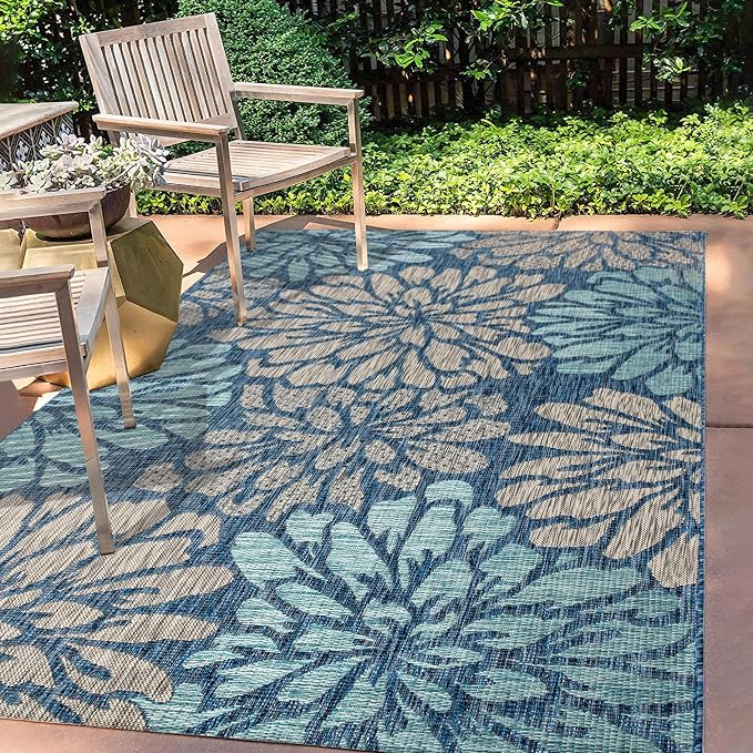 JONATHAN Y Floral Textured Weave Indoor Outdoor Area Rug 9X12 Navy/Aqua, Zinnia Modern for Backyard, Patio, Porch, Easy-Cleaning, High Traffic, Pet-Friendly, Non-Shedding (SMB110C-9)