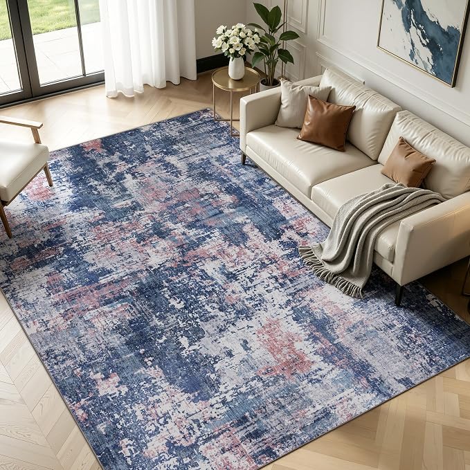 Sasttie 10x14 Soft Area Rug for Living Room, Modern Abstract Washable Large Carpet for Bedroom, with Non-Slip Backing, Pink and Blue