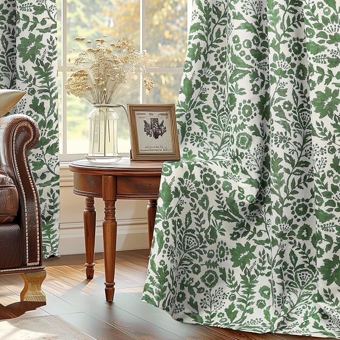 DriftAway Julia 100% Blackout Curtains Grommet 2 Panels, W52xL84, Green | Floral Curtains, Bedroom, Living Room, Linen Blend, Watercolor Pattern, 2 Layers, Thermal Insulated, Window Treatment