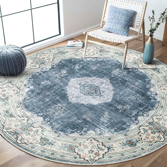 MUJOO Blue Round Rug 6ft,Circle Washable Area Rug Non Slip Low-Pile Floral | Large Circular Rugs for Bedroom Living Room Dining Room Boho Throw Carpet Soft Floor Indoor Vintage Flowers Blue and Grey
