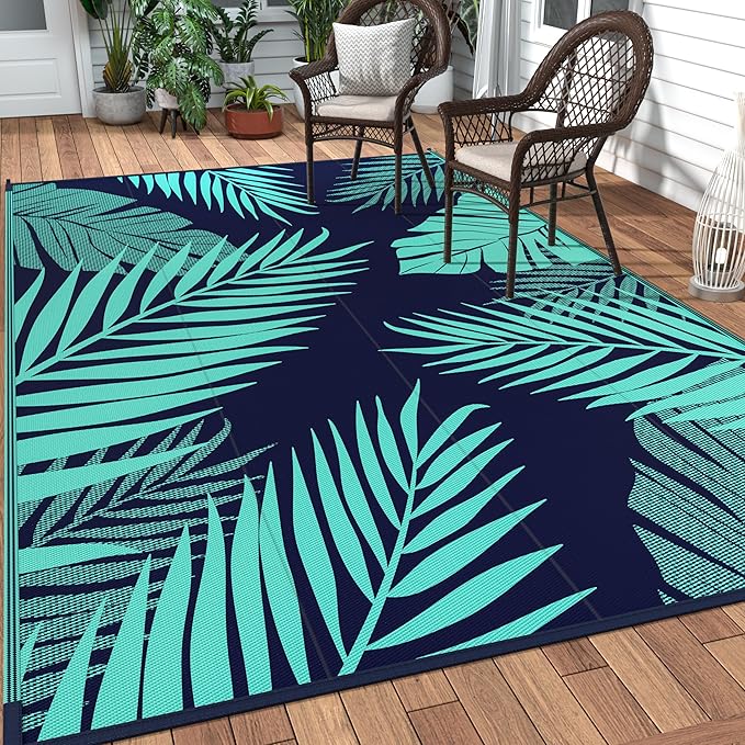 GENIMO Outdoor Rug, Waterproof Plastic Rugs for Patio, 5'x8' Blue Green | Outside Larger Leaf Carpet Mat for Porch Decor, Deck, Balcony, Camping, RV, Backyard, Picnic, Beach, Reversible, Foldable