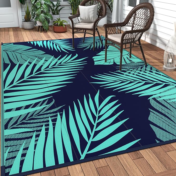 GENIMO Outdoor Rug, Waterproof Plastic Rugs for Patio, 8'x10' Blue Green | Outside Larger Leaf Carpet Mat for Porch Decor, Deck, Balcony, Camping, RV, Backyard, Picnic, Beach, Reversible, Foldable