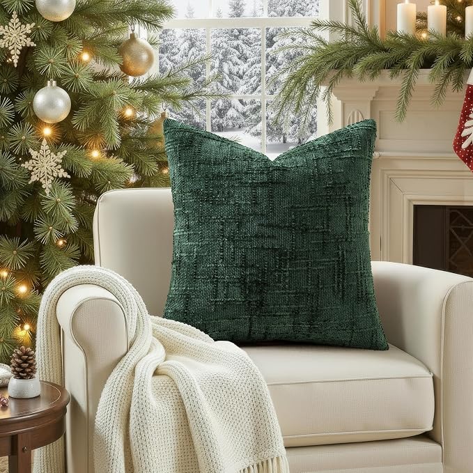 decorUhome Textured Chenille Throw Pillow Covers 18x18 Set of 2 Green | Fall Modern Farmhouse Soft Cozy Slubby Couch Pillow Cases Boho Decorative Pillow Cases for Bed Sofa Living Room Home Decor