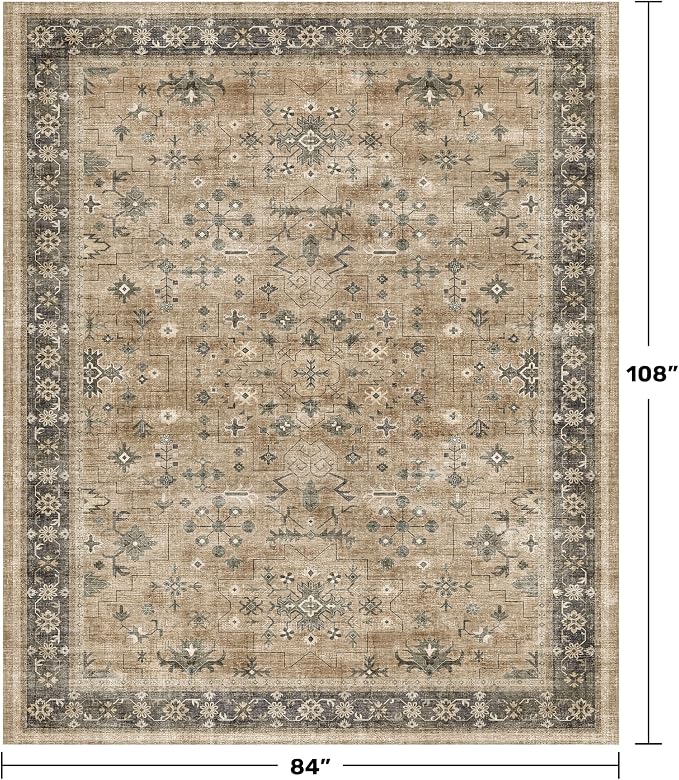 Natural Earthy 7x9 Area Rug for Living Room, Washable Bedroom Carpet, Oriental Large Area Rug for Dining Room Under Table, Non-Slip Stain Resistant