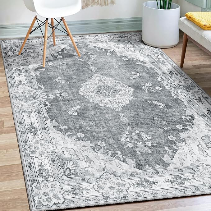 MUJOO Grey Rug 3x5 Washable,Boho Area Rugs Small Non Slip Low-Pile Floral | Machine Washable Throw Carpet for Entryway Bedroom Bedside Kitchen Hallway Living Room Soft Indoor Vintage Bohemian Flowers