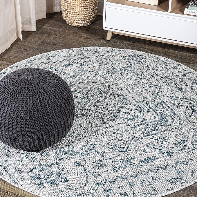 JONATHAN Y Boho Medallion Indoor Outdoor Round Area Rug 4 Ft Teal/Gray, Estrella Textured Weave for Backyard, Patio, Porch, Easy-Cleaning, High Traffic, Pet-Friendly, Non-Shedding (SMB105C-4R)