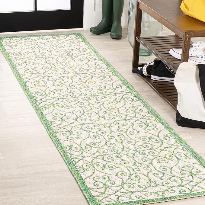 JONATHAN Y Vintage Filigree Indoor Outdoor Runner Rug 2X8 Cream/Green, Madrid Textured Weave for Backyard, Patio, Porch, Easy-Cleaning, High Traffic, Pet-Friendly, Non-Shedding (SMB107J-28)