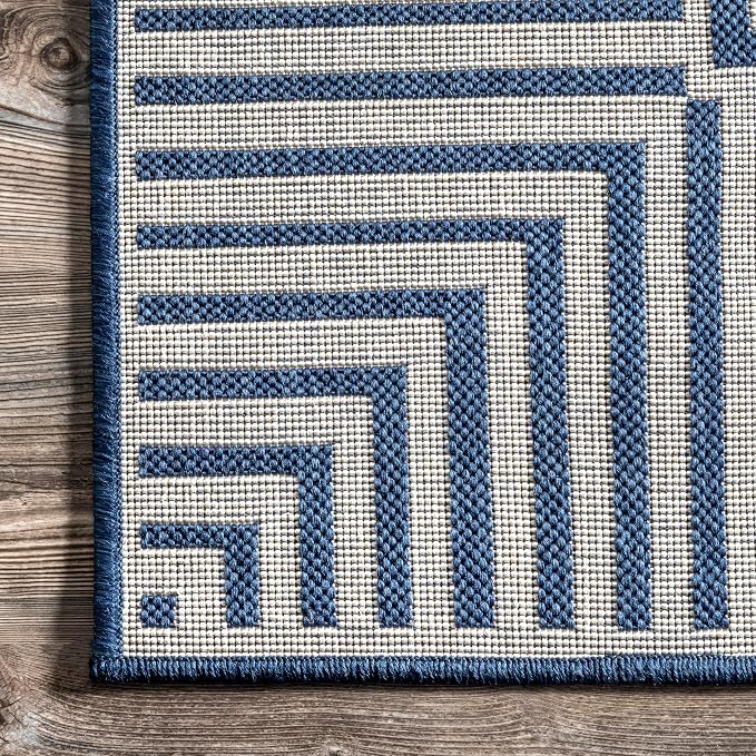 Nuloom Asha Navy/Ivory, 2' x 6', Casual, Striped Border, Soft and Cozy, High Traffic, Easy Clean, Durable Runner for Indoor/Outdoor Patio, Deck, Porch, Garden, Courtyard
